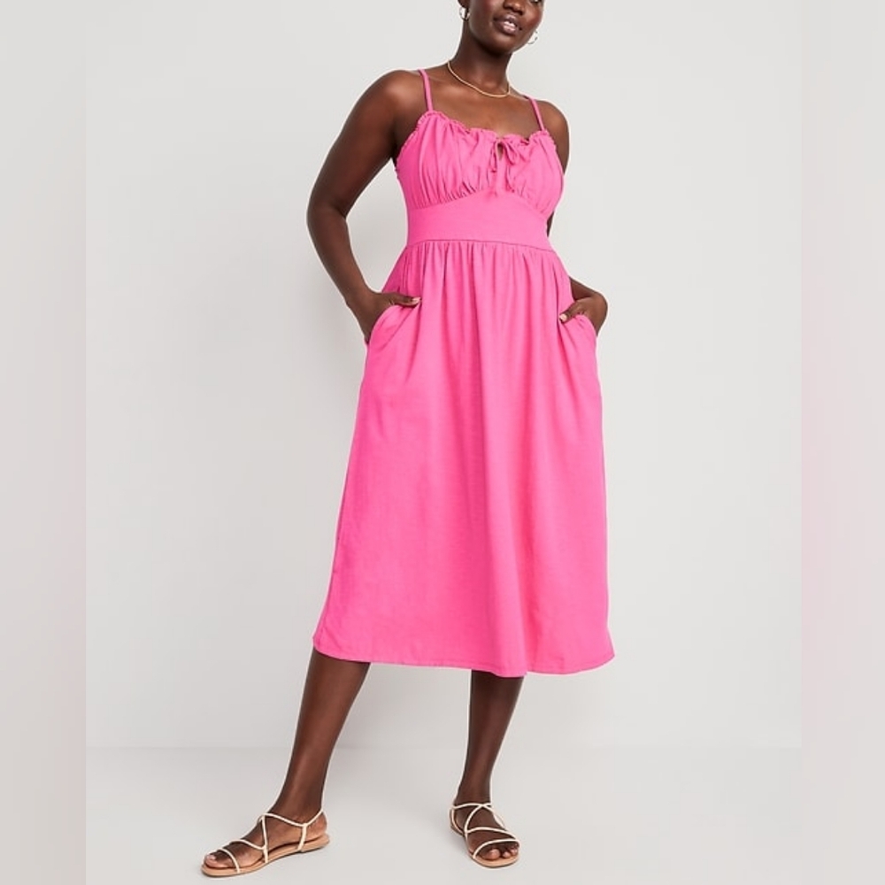 Old Navy Pink Fit & Flare Tie-Front Cami Midi Dress